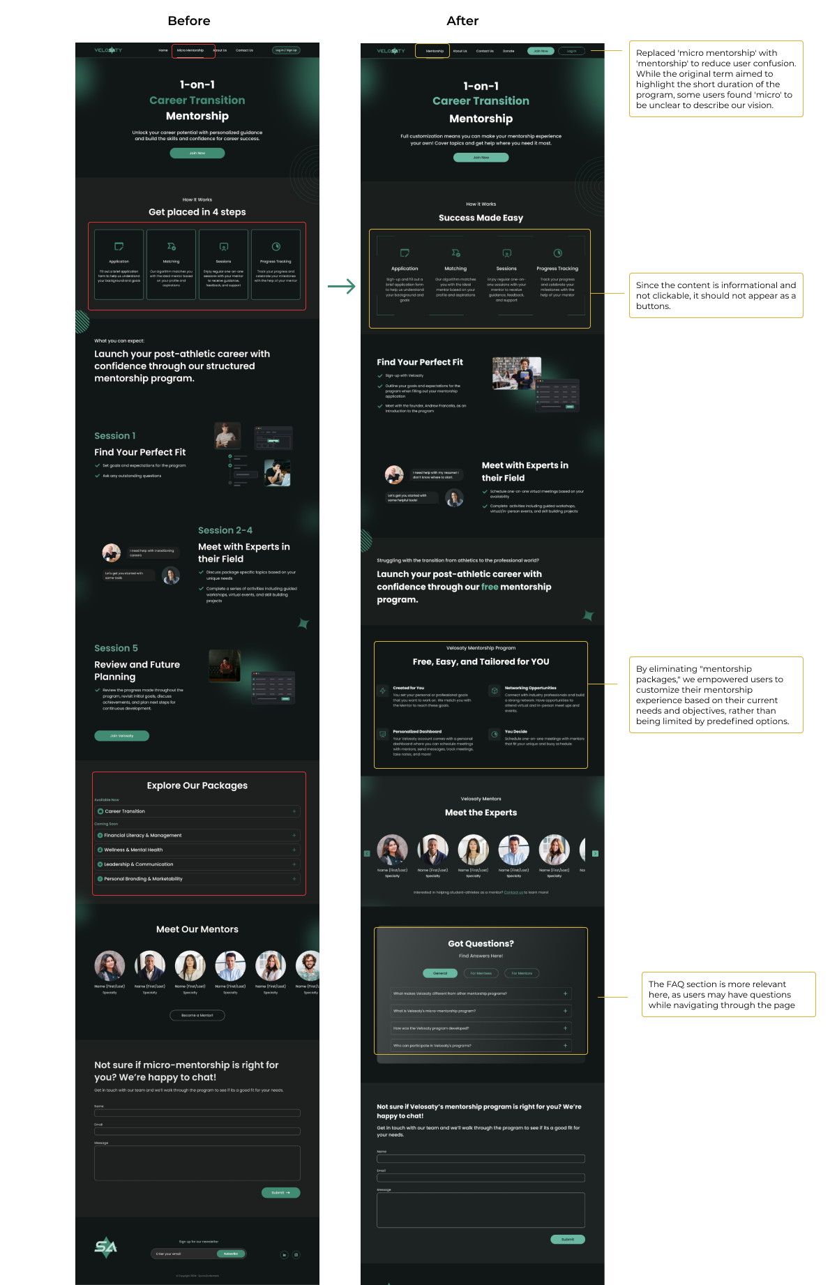 Mentorship page iterations from usability testing